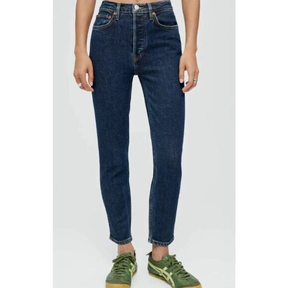 Revolve re/done 90s high rise ankle crop blue dark rinse button up straight 25 - Picture 1 of 15